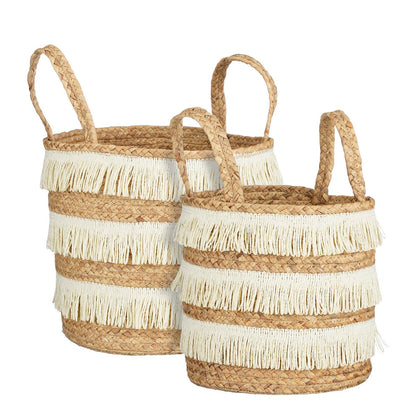 Opbergmand set bruin waterhyacint 2-delig – natuurlijke manden met franjes