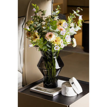 Design vaas donkergrijs glas 28 cm – grote moderne vaas met grafische vorm