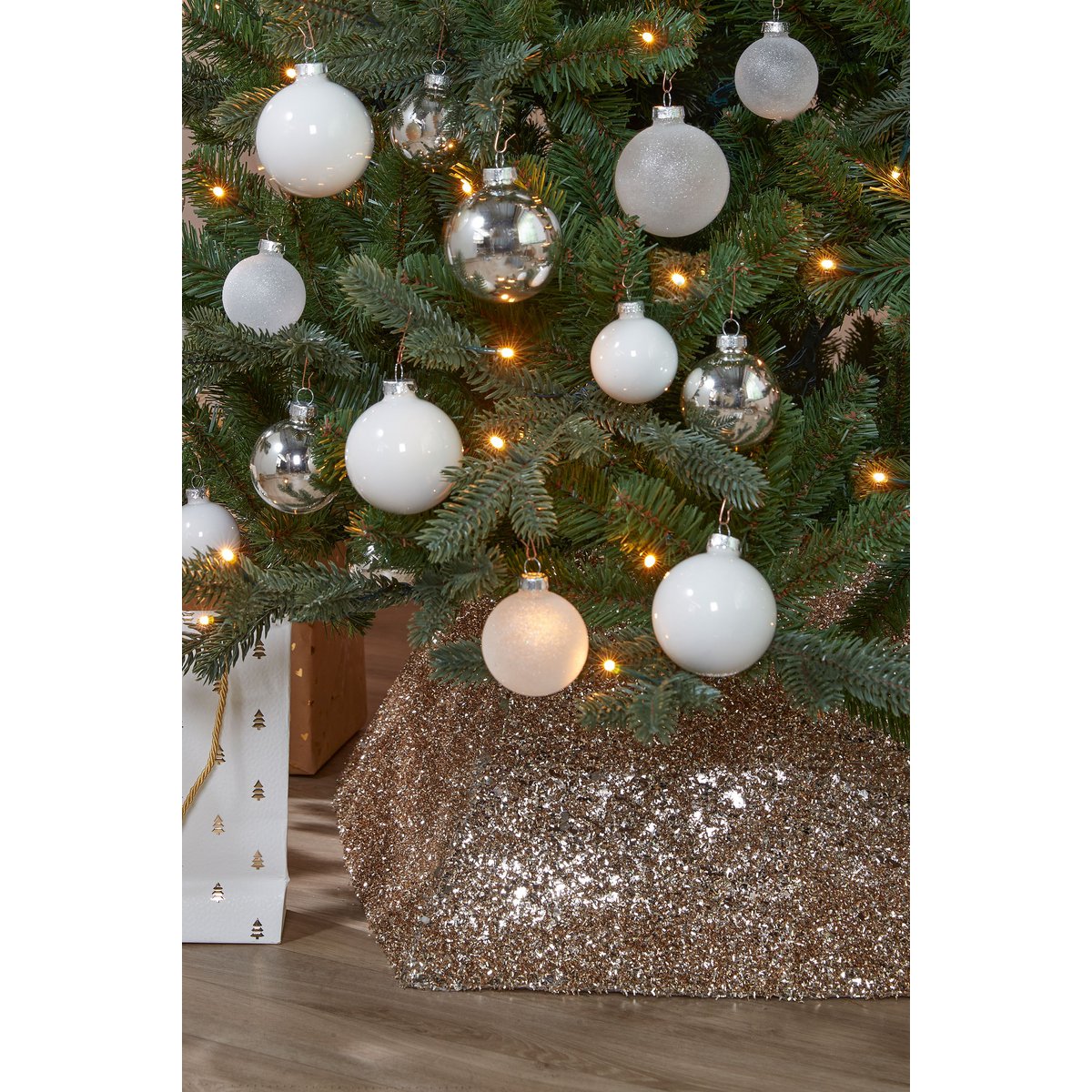 Gouden vierkante kerstboomrok 50 x 50 x 30 cm glitter Woonware