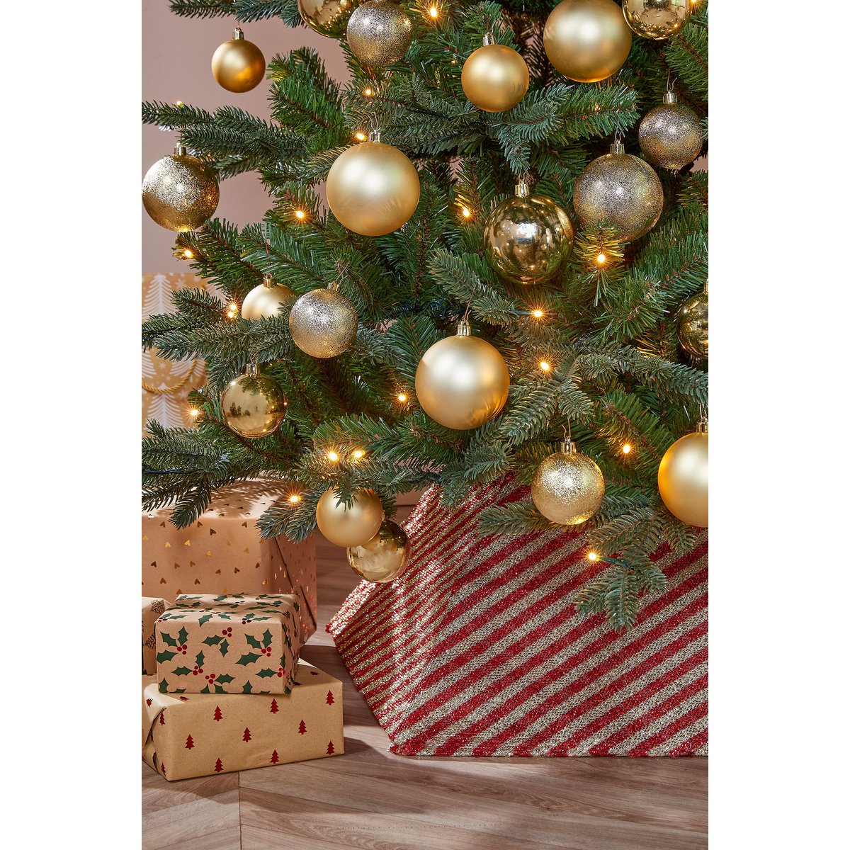 Goud rode vierkante kerstboomrok 50 x 50 x 30 cm glitter Woonware