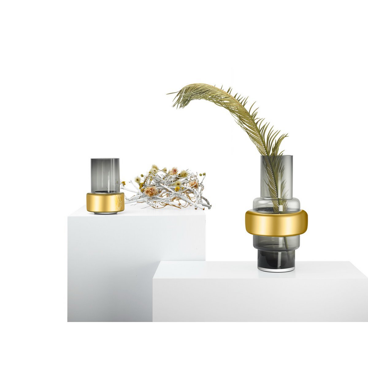 TYLER46 Vaas – 46 cm grijs glas met gouden band, Art Deco design