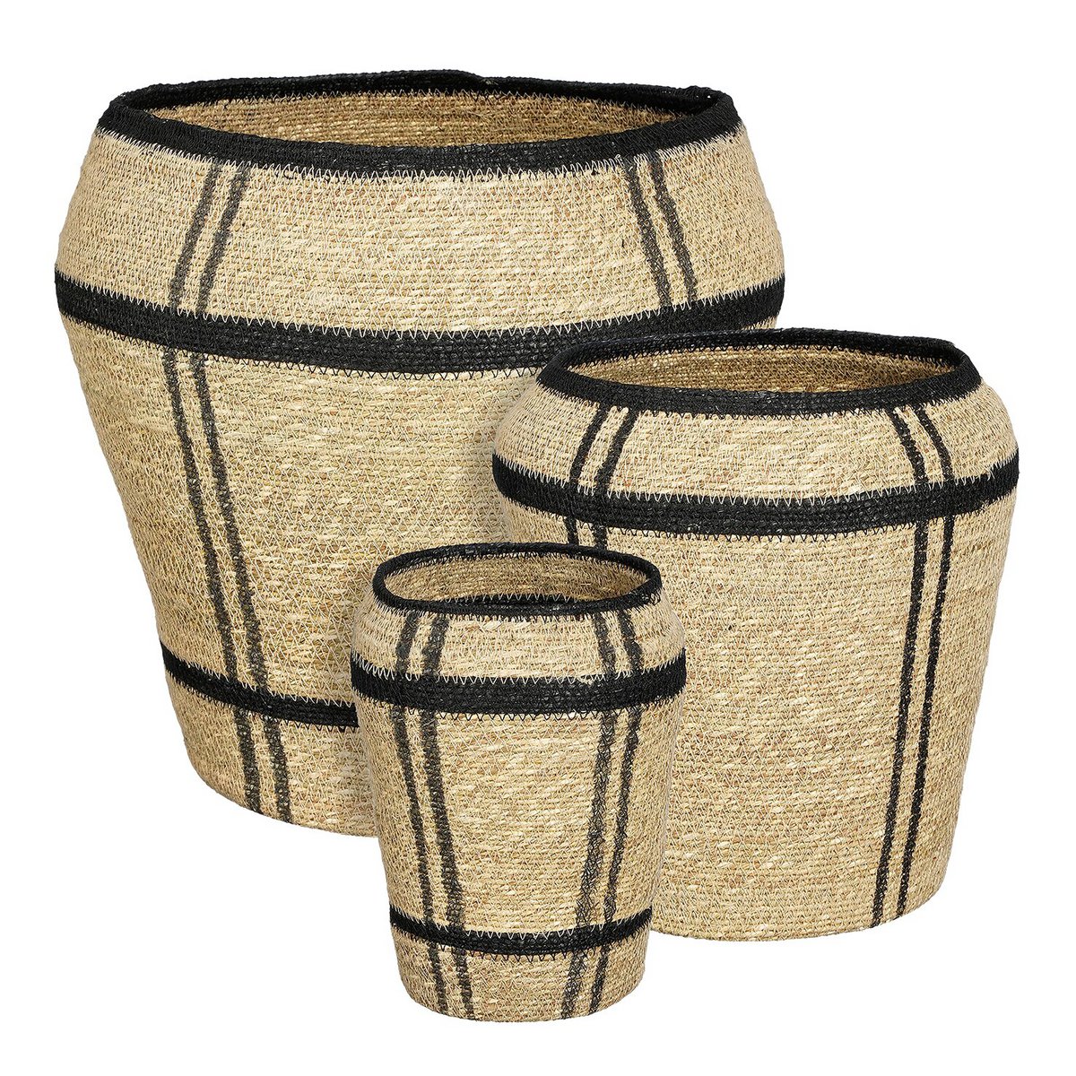 Opbergmand set lichtbruin zeegras 3-delig met zwart patroon – luxe woonaccessoire