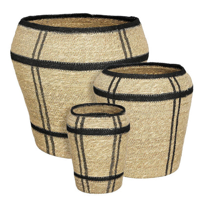 Opbergmand set lichtbruin zeegras 3-delig met zwart patroon – luxe woonaccessoire