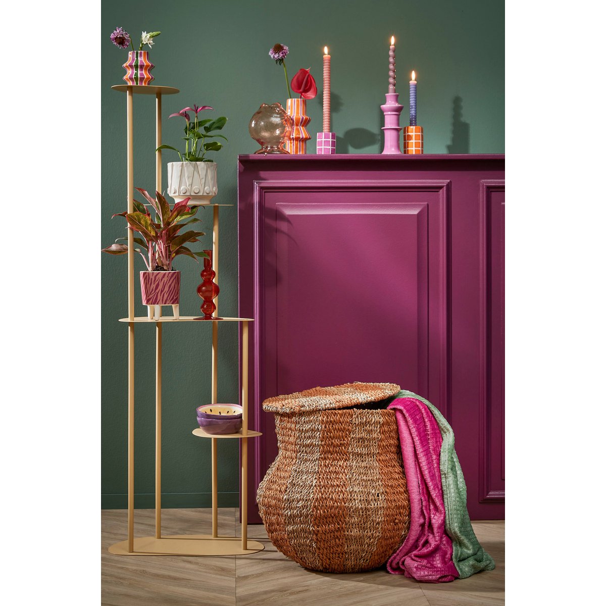 Gele opbergmand van jute met deksel Ø50 cm – natuurlijke woonaccessoire
