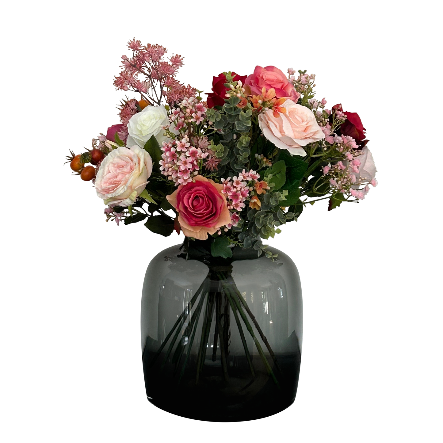 Boeket Flame Roses 45 cm – kunstbloemen van Woonware met realistische kleurrijke rozen, blad en besjes